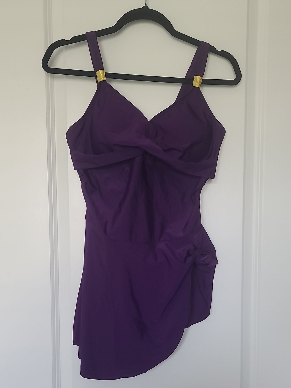 Purple One-Piece Swimdress with Gold Accents. BB 50
